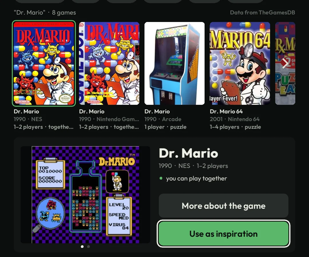 Dr. Mario picked: Use as inspiration