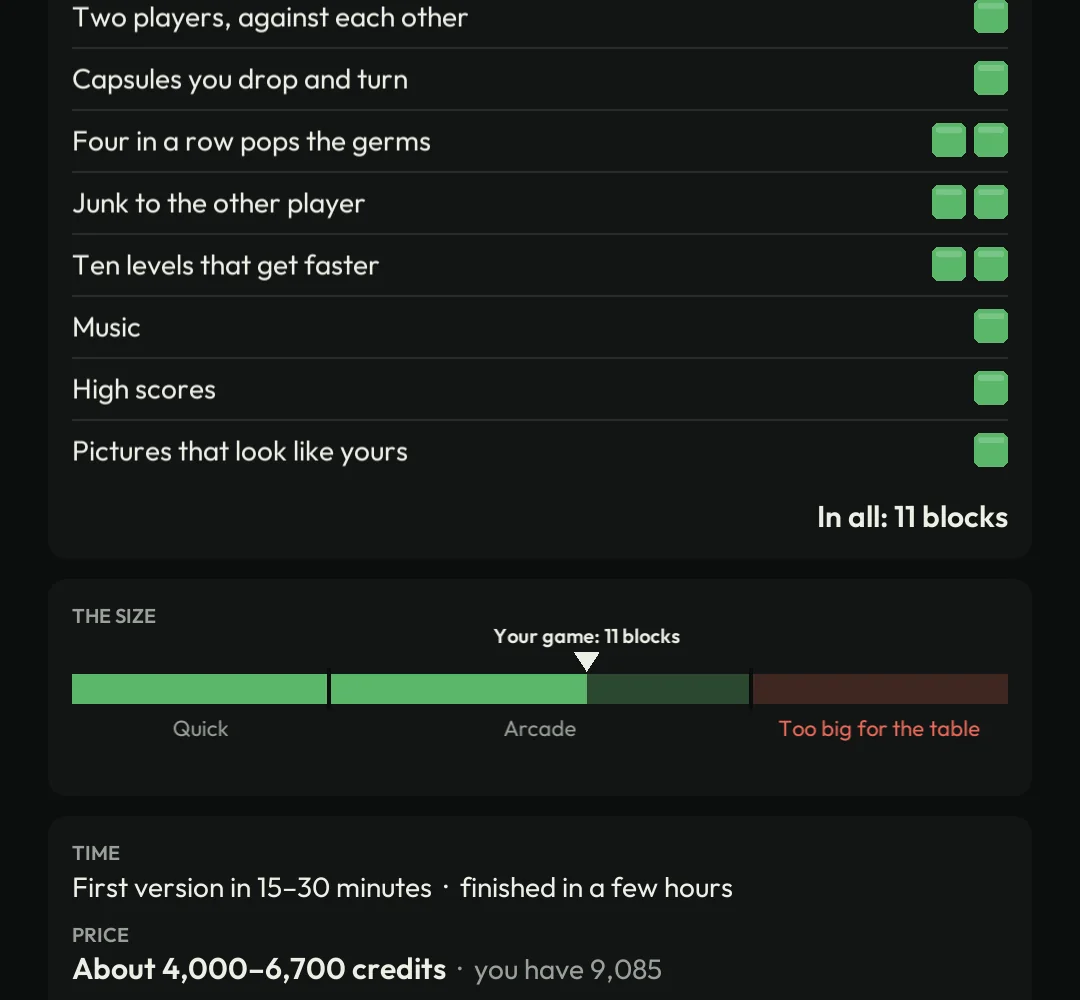 The blocks, the size, the time and the price in credits