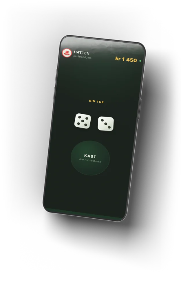 A phone showing the dice for the game on the table: shake it to roll