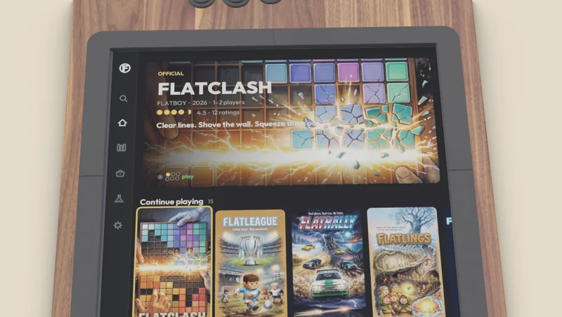 The FLATBOY library on the table's own screen: a big game banner and a row of game covers