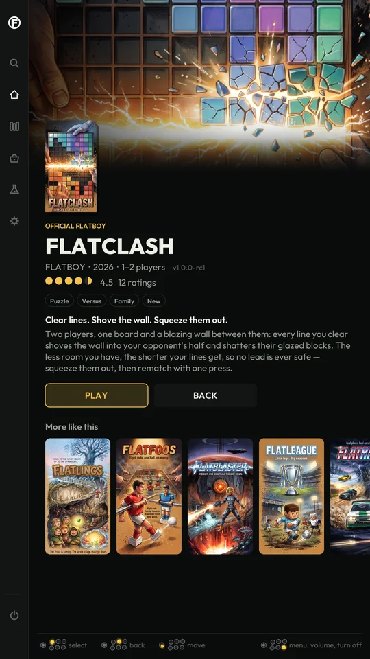 A game's page in the library: FLATCLASH with its cover, ratings, story and more like it