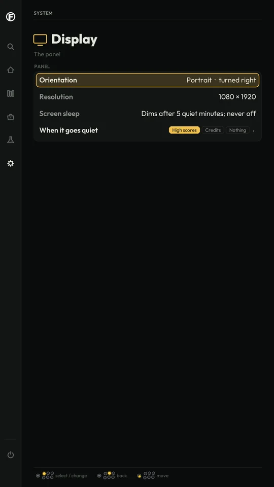 Display: orientation, resolution, screen sleep, what it shows when it goes quiet