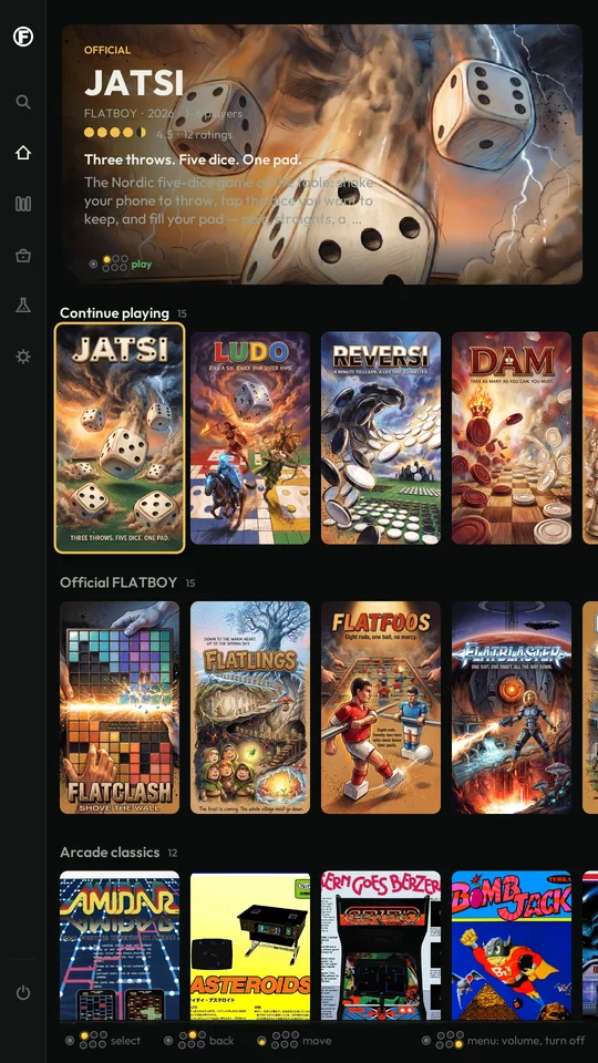 The Flatboy library: a big banner for JATSI, then shelves of game covers