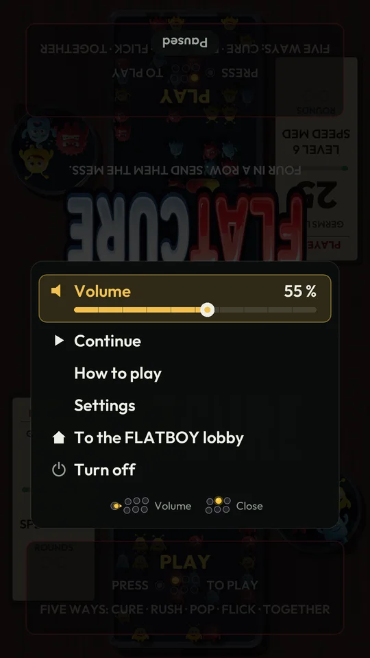 The Flatboy menu over a paused game: volume, continue, how to play, settings, to the lobby, turn off