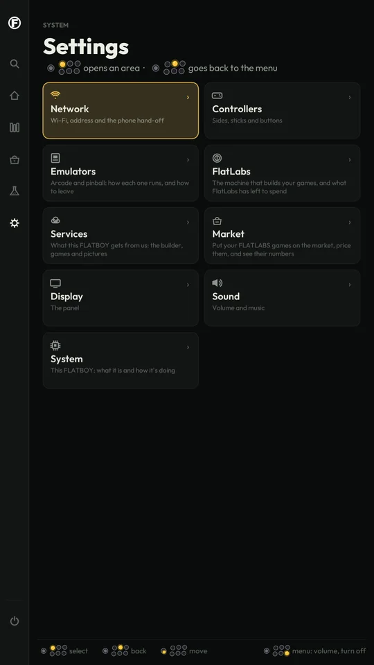 Flatboy settings: network, controllers, emulators, Flatlabs, services, market, display, sound, system