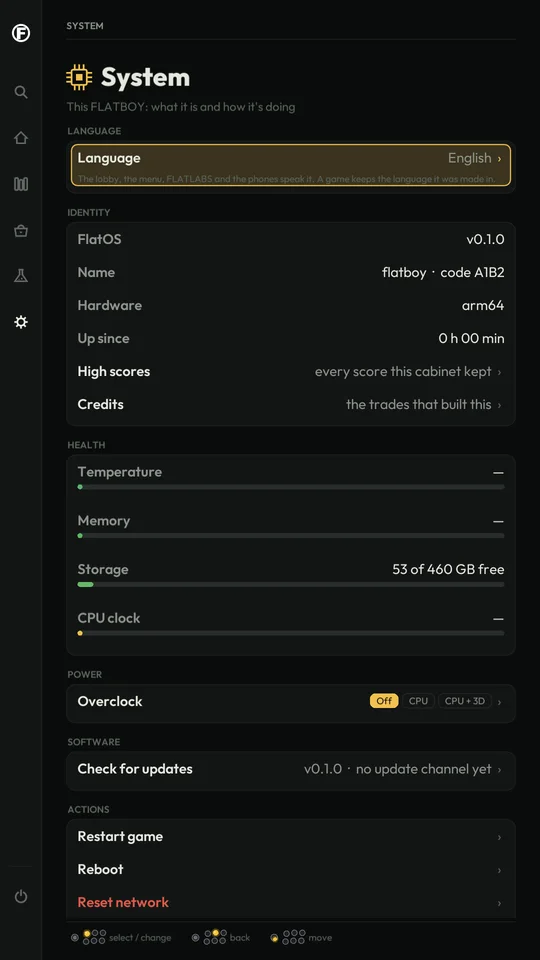 System: language, the table's details, its health, power, updates and actions