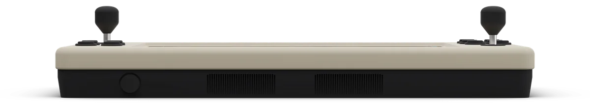 Flatboy Slim from the side, at the same scale: 65 cm long, a beige top on a black base