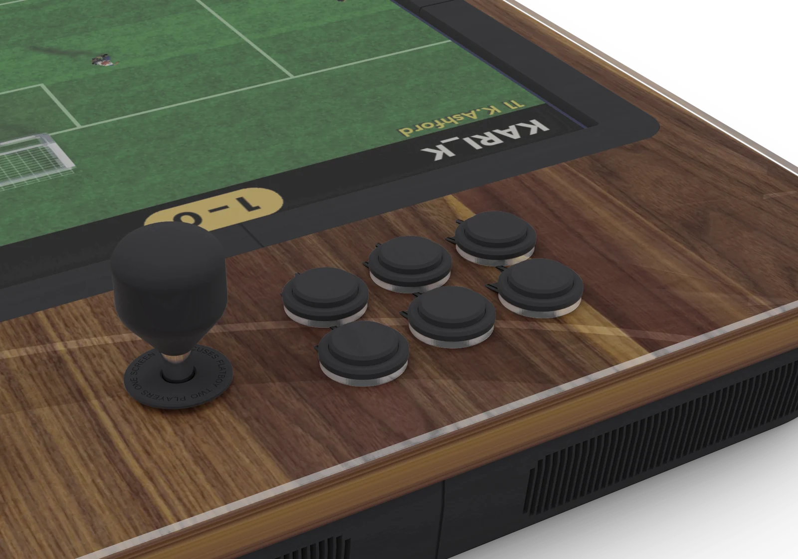 Close up of one end of the pub edition: the stick and six buttons coming up through the clear acrylic over the walnut
