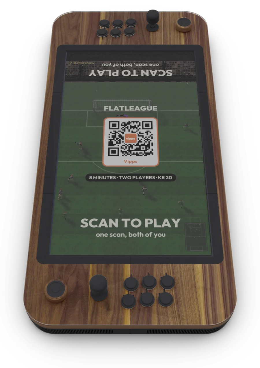 The table seen from one end: a match plays under a Vipps code, Scan to play turned to each player