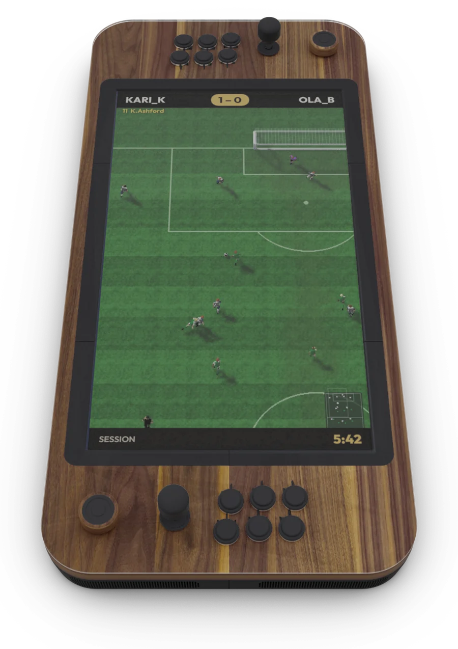 A FLATLEAGUE match on the table with the players' names in place of the teams and the session clock