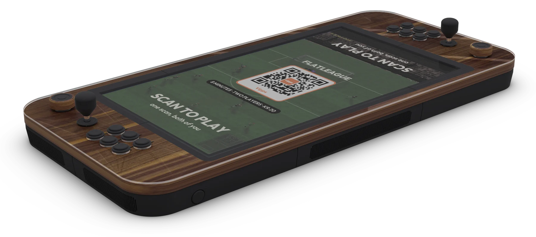 The FLATBOY pub edition: walnut under a clear acrylic top, a football match on the screen with a Vipps code in the middle and Scan to play turned to each end
