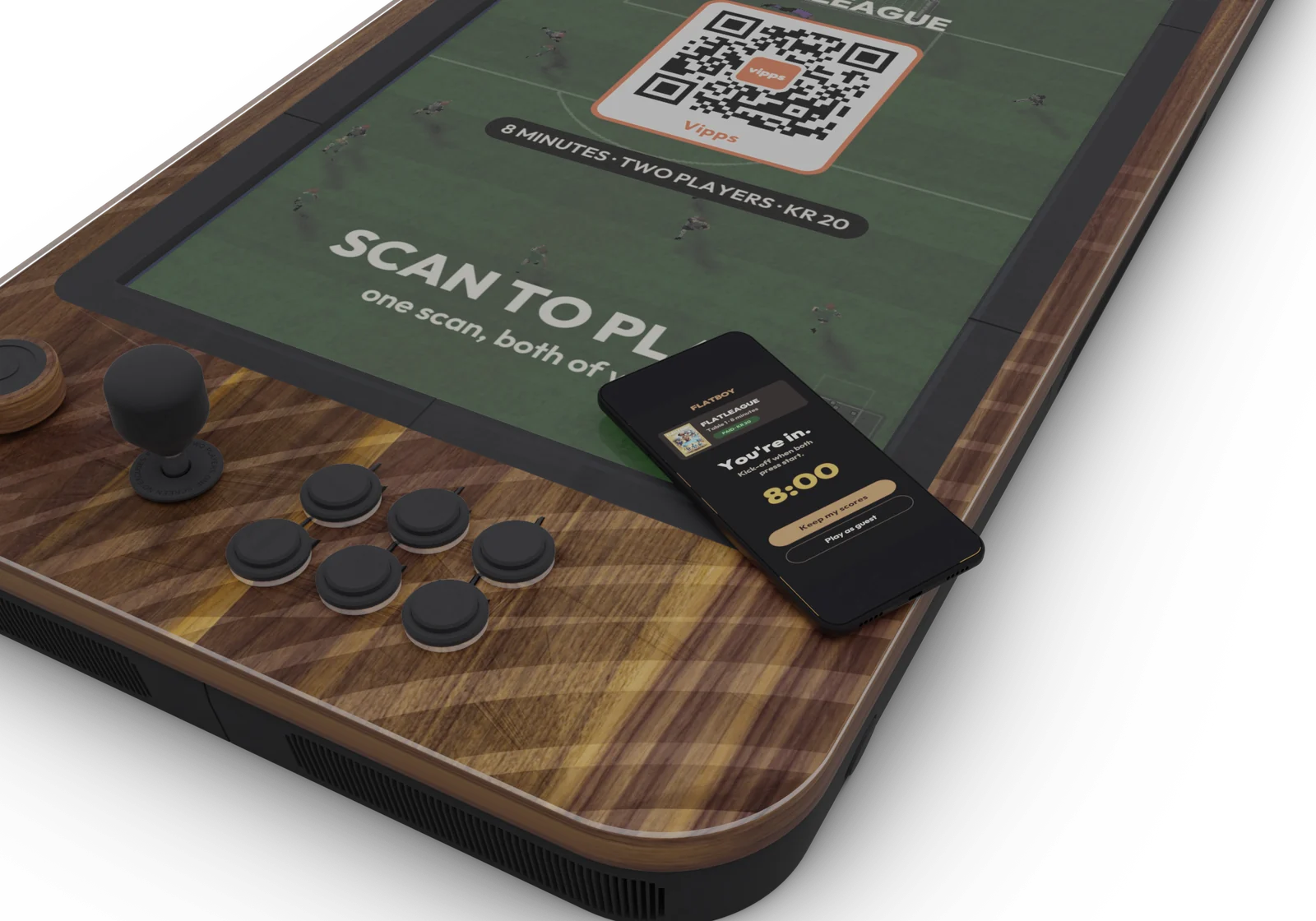 A phone on the table beside player A's stick: paid kr 20, FLATLEAGUE on table 1, You're in, 8:00 on the clock