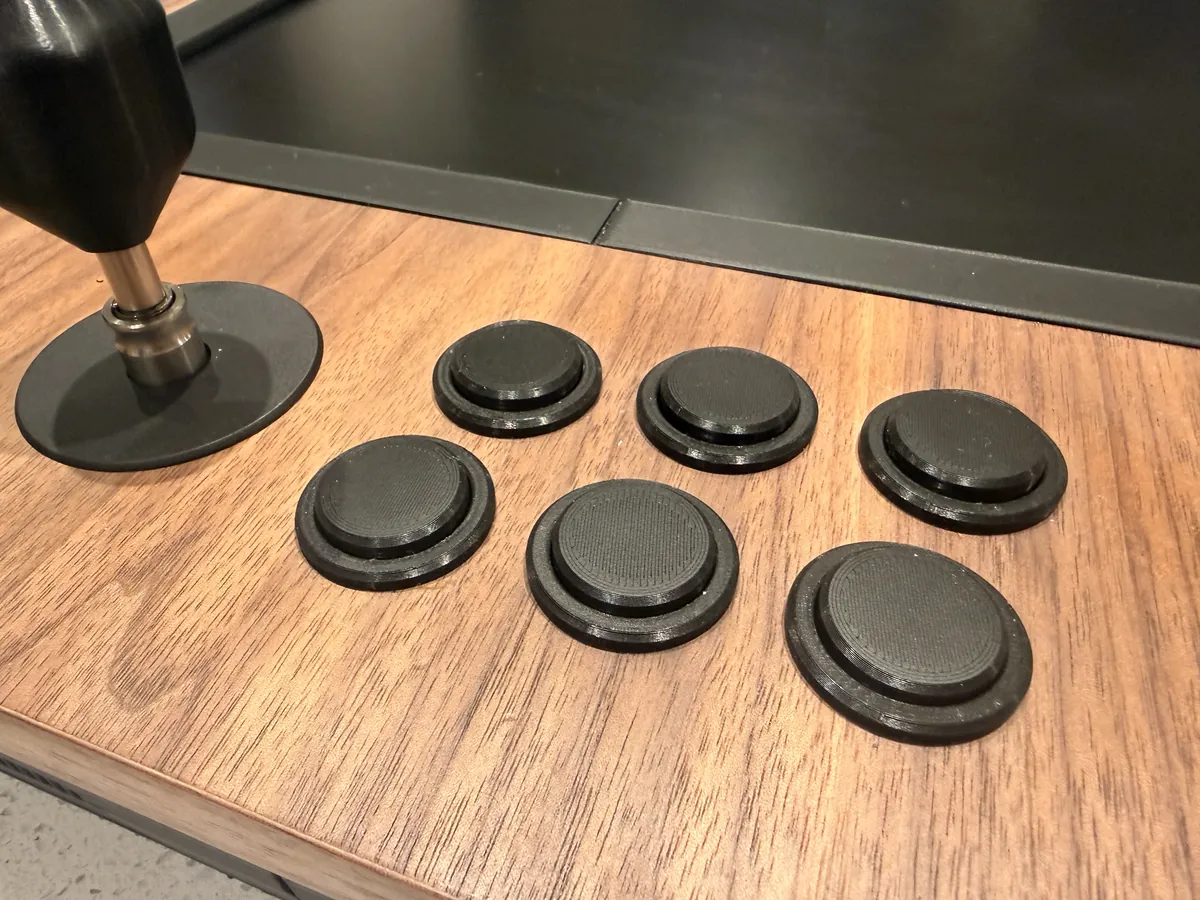 Photo of the stick and six arcade buttons on the walnut