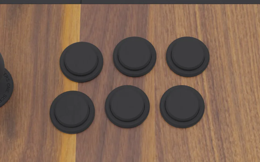 Six buttons on walnut: render of the FLATBOY table