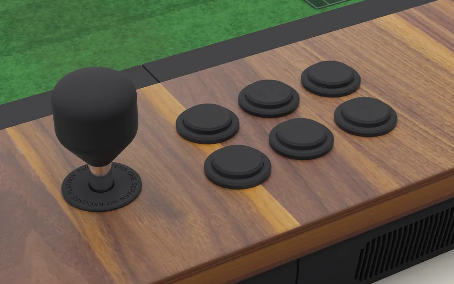 Sanwa stick and six buttons: render of the FLATBOY table